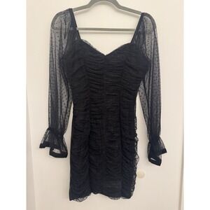 Haute Monde Ruched Mesh Mini Dress Long Sleeve Polkadot Bodycon Black Size S